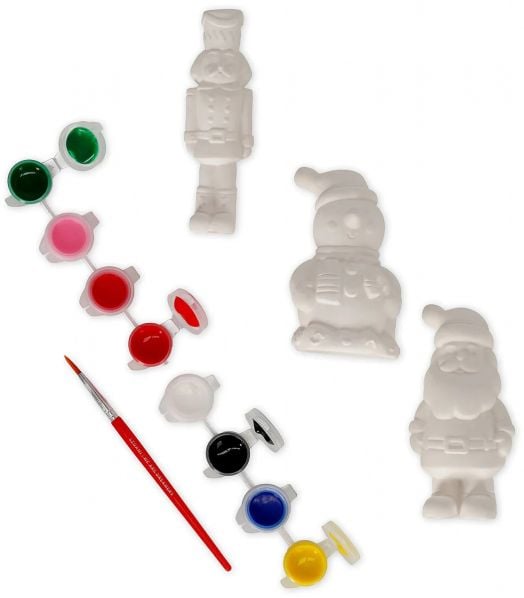 Комплектът за декориране на коледни фигурки Legami включва три небоядисани коледни фигурки (орехотрошачка, снежен човек, Дядо Коледа), четка с червена дръжка и палитра със зелени, червени, розови, черни, сини и жълти бои на бял фон.-4
