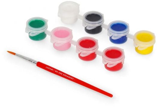 Червена четка за рисуване и осем цветни миниатюрни саксии за рисуване в пластмасов държач - идеални като Комплект за декориране на коледни фигурки Legami.-5