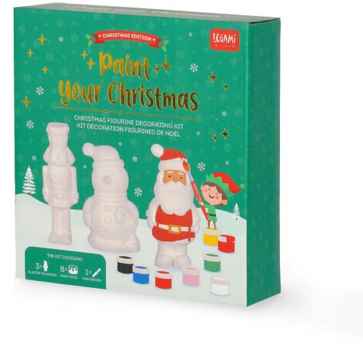 Комплектът за декориране на коледни фигурки Legami включва три бели коледни фигурки (елха, снежен човек, Дядо Коледа), боички и четка, представени с весели графики върху зелен фон.-1