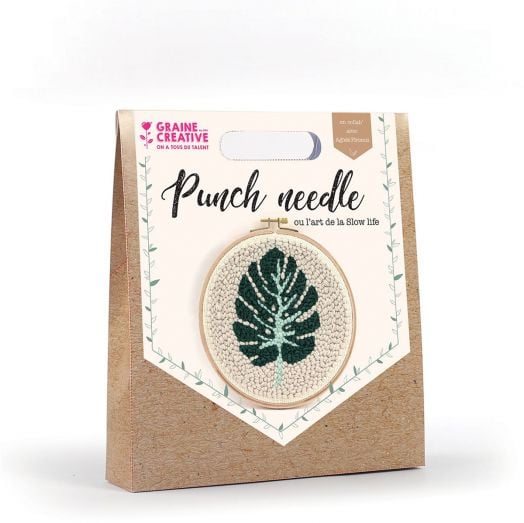Комплект за пънч бродерия Graine Creative - Листо в картонена опаковка с кръгла рамка и дизайн на листо върху бял плат, етикетът гласи "Punch needle" и е украсен с растителни мотиви.-2