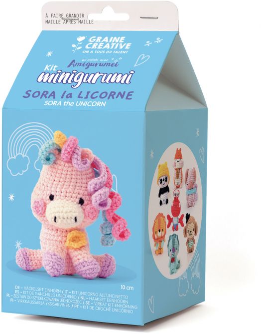 Комплект за плетене Амигуруми Graine Creative - Еднорог Сора: кутия с шарен еднорог със розова плетена фигура, дъгова грива и аксесоари. Опаковката показва готови еднорози и бранда отстрани.-1