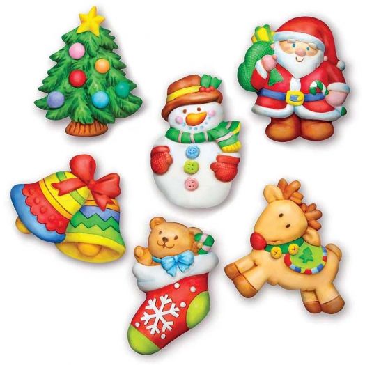 Шест цветни бисквитки на коледна тематика - елха, Дядо Коледа с чувал, снежен човек, празнични звънчета, мече в чорап и елен с шал - идеално вдъхновение за следващия ви Креативен комплект 4М - Гипсови коледни магнити.-3