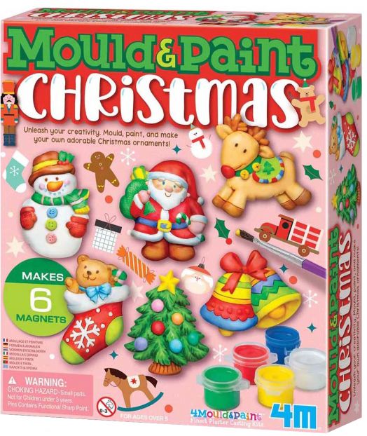 Цветна кутия с Креативен комплект 4М - Гипсови коледни магнити: създайте магнити с коледна тематика - Дядо Коледа, снежен човек, елен, джинджифилов човек. Включва гърненца и четки за боядисване; идеален за празнично творчество и забавление.-1