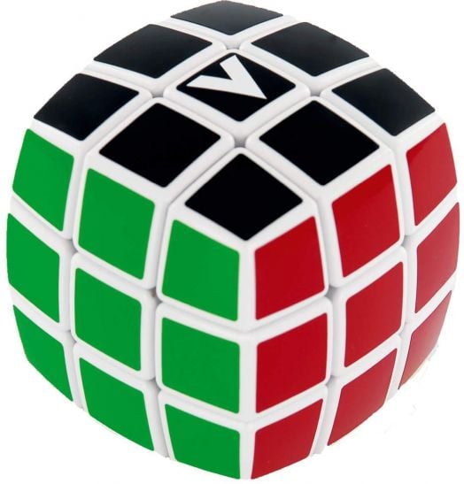 Кубче за редене V-Cube 3x3, заоблена форма, с черни, зелени и червени квадратчета по извитата повърхност, гледано под ъгъл - уникален логически пъзел за фенове на механични главоблъсканици.-1