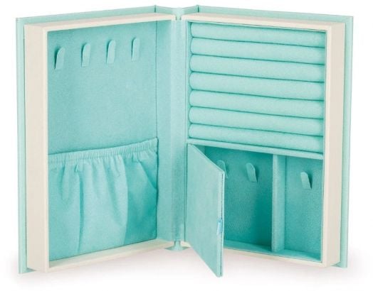 Отворена кутийка за бижута Legami Bling Book - Vintage Book в тюркоазено, оформена като книга, с прорези за пръстени, кукички, калъф и отделения за аксесоари за организирано съхранение.-2