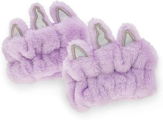 Чифт пухкави, лилави Ленти за китки Legami - Еднорог със сребристи блестящи вътрешни уши, проектирани да наподобяват уши на еднорог или животно за игрив, причудлив вид.-2