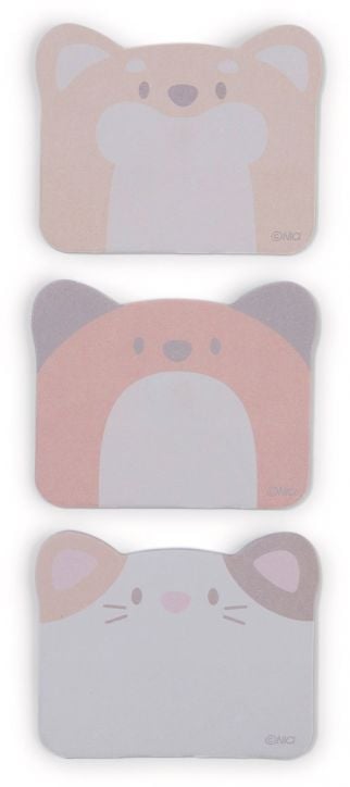 Три квадратни Лепящи листчета Nici Mymochi изобразяват минималистични животински лица - мече, енот или мечка и котка - всяко с пастелни цветове и заоблени уши. Намерете тези висококачествени продукти в книжарница Orange.-2