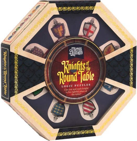 Осмоъгълна кутия за пъзели с надпис Knights of the Round Table Logic Puzzles by Professor Puzzle, с рицарски щитове, обграждащи средновековна кръгла маса. Тази логическа игра ви предизвиква да поставите правилно всеки рицар. Предлага се в книжарница Orang-1