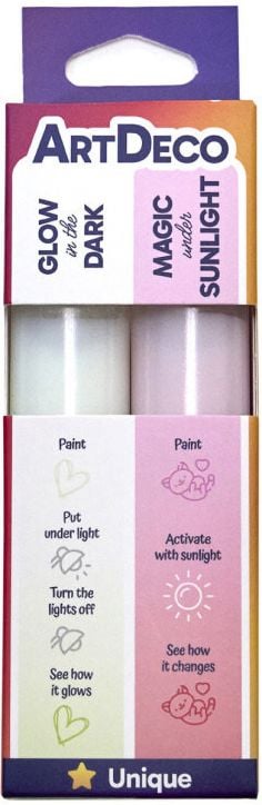 Два магически 3D маркера Art Deco в цветна кутия с етикети "Свети в тъмното" и "Промяна на цвета от слънцето", с илюстрирани инструкции за ефектите им - светене и смяна на цвят.-1