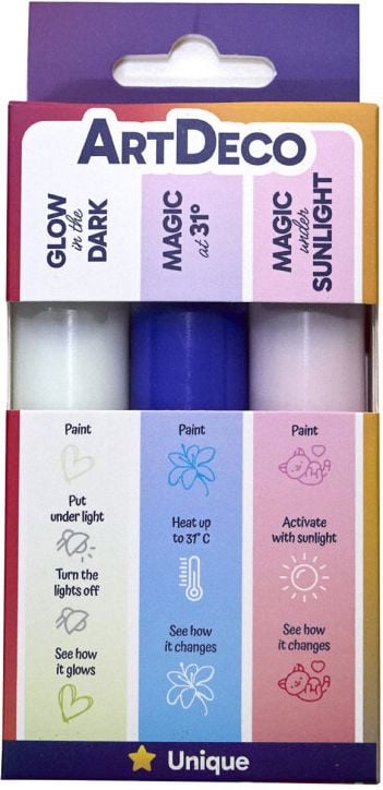 Магически 3D маркери Art Deco, 3 бр.-Glow in the Dark, Magic at 31°C and Magic with Sunlight-се предлагат в цветна кутия с икони и инструкции, идеални за уникални ефекти.-1