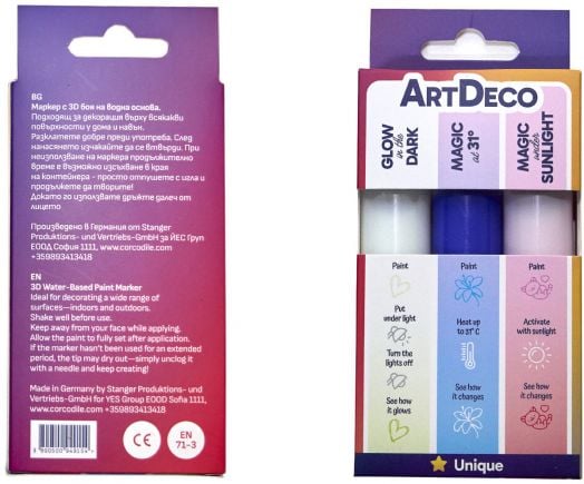 Предна и задна страна на Магически 3D маркери Art Deco, 3 бр., с бели (Glow in the Dark), сини (Magic at 31°C) и жълти (Magic Sunlight) маркери с инструкции за употреба и информация за продукта.-3