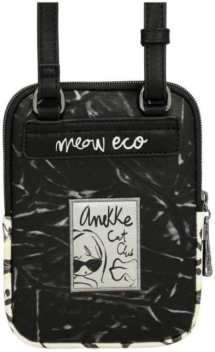 Малка черна дамска чанта за през рамо Anekke Memories Towanda (13x18x2 см) с два ремъка, бял надпис "meow eco", пач със стилизирана котка и надпис "Anekke Cat Club", цип и мраморен дизайн - вдъхновена от Anekke Memories.-5