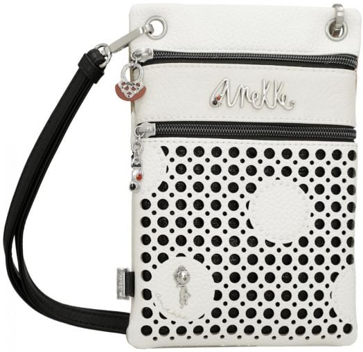 Малка дамска чанта Anekke Alma за през рамо (15x23x2 см) - бяла с черни точки, два предни ципа, сребристо лого, малък сърцевиден висулка и подвижна черна дръжка.-1