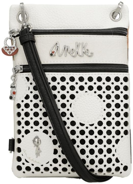 Малка бяла чанта Anekke Alma за през рамо (15 x 23 x 2 см) с черни точки, черна дръжка, сребристи ципове и лого "Anekke Alma" отпред. Декоративни висулки на циповете придават игрив акцент.-3