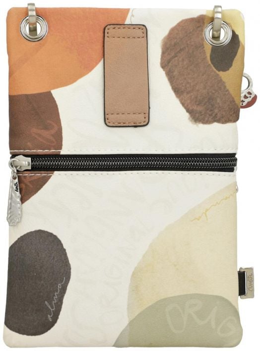 Малка чанта Anekke Alma за през рамо (15 x 23 x 2 см) има джоб с цип, две метални халки отгоре, абстрактен многоцветен десен в кафяви, оранжеви, бежови и зелени тонове, както и стилна каишка с тен в горната част.-4