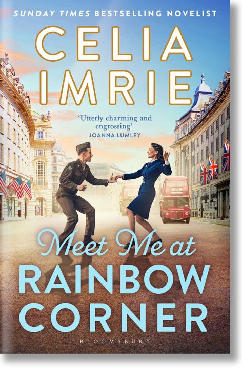 Корицата на книгата "Meet Me at Rainbow Corner" представя мъж в униформа и жена, които танцуват на лондонска улица с флагове Union Jack, червен автобус и синьо небе.