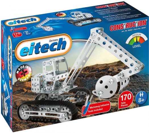 Кутията на Метален конструктор Eitech - Верижен багер, 170 части, показва метален багер с подвижна ръка и вериги. Подходящ за деца 8+, средно ниво, включени инструменти. Произведено в Германия.-1