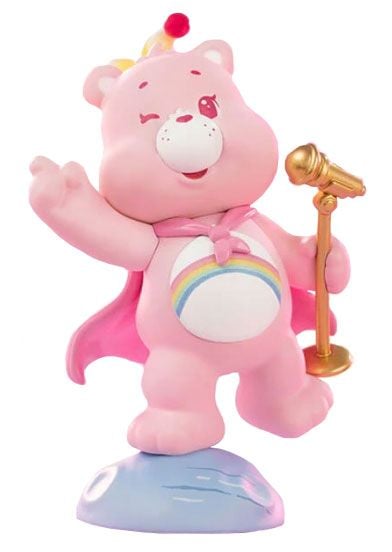 Мини фигурка Funism Care Bears - Planet of Joy, асортимент: Мече с дъга на корема, розов плащ и парти шапка, намигащо с микрофон в ръка върху синя основа-идеален подарък и фигурка за колекционери.-1