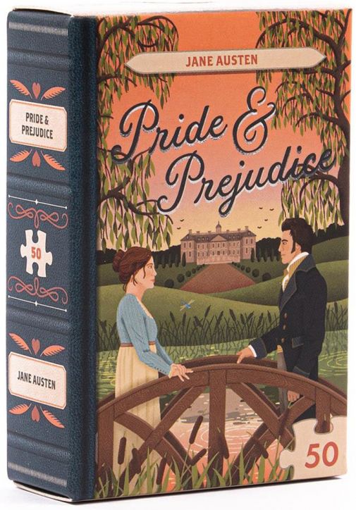 Мини пъзел Professor Puzzle - Книги, асортимент: кутия като книга с Прайд и предразсъдъци от Джейн Остин, 50 части, с илюстрирани герои на мост пред имение. Чудесен подарък за любителите на книги.-2
