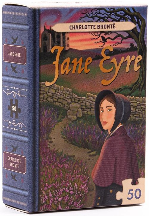 Илюстрирана корица на "Джейн Еър" от Шарлот Бронте с жена пред каменна стена и къща, лилави цветя и драматично небе. Гръбчето е с пъзел елемент - мини пъзел Professor Puzzle - Книги, 50 части, чудесен подарък.-3