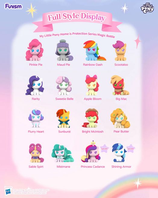 Експозиция от 16 пастелни Мини фигурка My Little Pony - Home is Protection Magic Bottle, асортимент в мрежа 4х4 върху бледо розово, всяка с имена като Pinkie Pie и Princess Cadance под тях - истински колекционерски артикул.-10