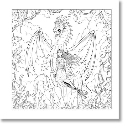 Млада жена в развяваща се рокля стои на скален перваз пред величествен дракон с широко разперени криле; листа и облаци допълват тази магическа сцена от Mythographic Color and Discover: Романтиката е идеална за приключения за оцветяване.-2