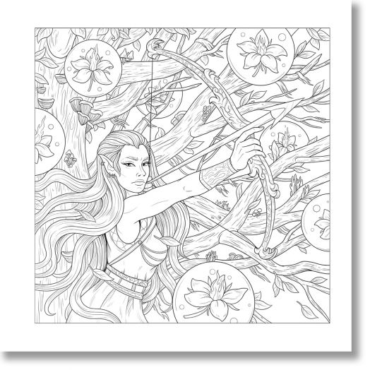 Линейна рисунка на елф стрелец със заострени уши и разрошена коса, който се стреми към лък в разцъфнала гора. Кръговите рамки подчертават цветята, като ви канят в магическо приключение за оцветяване, вдъхновено от митографските "Оцвети и открий": Романтик-4