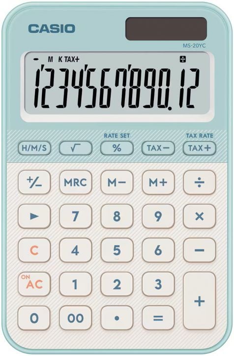 Настолният калкулатор Casio MS-20YC-LG в светло зелен цвят има удобен дизайн, голям дисплей с числа 1234567890.12 и бели бутони със светлосини акценти за лесна употреба.-1
