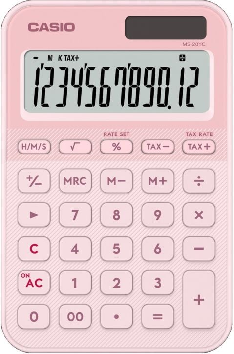 Casio MS-20YC-LP настолен калкулатор, розов, има цветен дизайн с бели и розови бутони и показва 1234567890.12. Оборудван е със стандартни клавиши, функции за %, данък и памет.-1