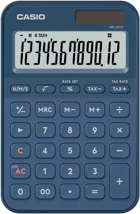 Настолен калкулатор Casio MS-20YC-NY, тъмно син показва 1234567890.12 на дисплея си, осигурявайки удобство с бутони за числа, функции и данъчни изчисления.-1