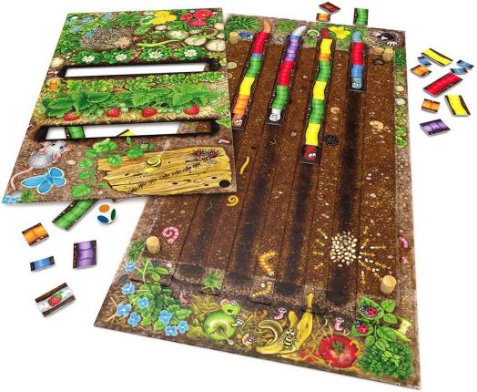 Детска настолна игра: Червеи Рали е цветна семейна игра с илюстрирани насекоми, листа и пътеки. Подредете цветни жетони и правоъгълни плочки по ярки градински табла-идеална за деца и цялото семейство.-3