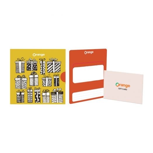 Ваучер за подарък Жълти подаръци включва жълт държач за картички с илюстрации на подаръци и логото на Orange - "Идеален ваучер за подарък"!.-2