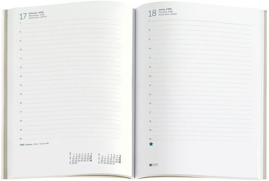 Отвореният Тефтер - органайзер Miquelrius Grafica Color Block 2026, ден на страница, показва подредени страници за юни на испански и английски език с място за бележки и месечен календар отдолу - идеален за бележник органайзер или дневник 2026.-7