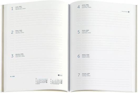 Отворен планер със седмично оформление на испански език за юни, дни 1-7, с подредени места за бележки и малък календар за юни 2026 г. Вдъхновен от Седмичен тефтер - органайзер Микелиус Графика Цветен блок 2026 г.-7