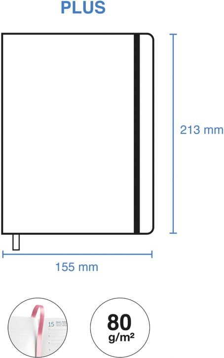 Илюстрация на Седмичен тефтер - органайзер Miquelrius Grafica Color Block 2026, размер 213x155 mm, етикет PLUS. Разполага с черна ластична лента, книгоразделител с панделка, хартия 80 g/m² и разстояние между редовете 1,5 - показано в две кръгли вложки.-3
