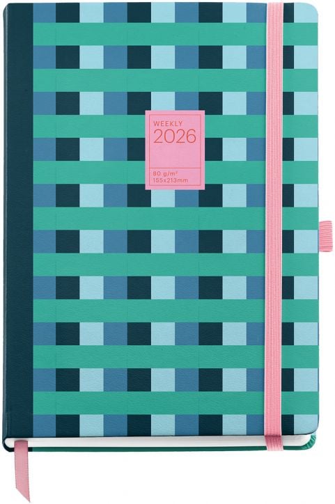 Седмичен тефтер - органайзер Miquelrius Grafica Color Block 2026 с геометрична синьо-зелена корица, розов етикет, розов ластик и държач за химикал-идеален бележник за организирано планиране.-5