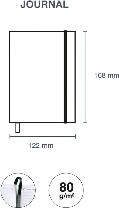 Минималистична илюстрация на тефтер - органайзер Miquelrius Luxor & Ágora Negro 2026, ден на страница, с кожени корици, ластик, размер 168x122 mm, икони за хартия 80 g/m², годишно планиране в близък план и книгоразделител с панделка.-4