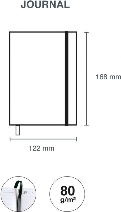 Минималистична схема на Седмичен тефтер - Оргайзер Miquelrius Luxor & Ágora Negro 2026 (168 x 122 mm) с кожени корици и еластично затваряне. Иконите по-долу показват отметките с панделка, отворената страница и теглото на хартията от 80 g/m².-4