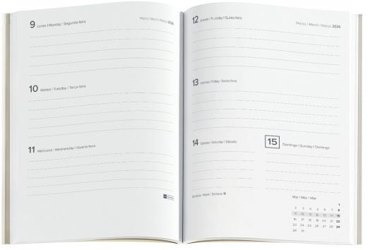 The Седмичен тефтер-органайзер Miquelrius Luxor & Ágora Rojo 2026 показва седмица от март с редове за бележки и малък месечен календар. Многоезичен текст и елегантни кожени корици придават луксозен вид.-2