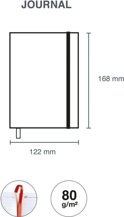 Схема на Седмичен тефтер - Оргайзер Miquelrius Luxor & Ágora Rojo 2026 (168×122 mm) с ластик, книгоразделител с панделка, хартия 80 g/m² и изображение, показващо страниците на дневника с червена панделка.-4