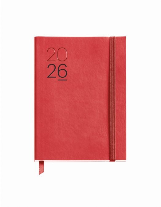 Седмичен тефтер-органайзер Miquelrius Luxor & Ágora Rojo 2026 с кожени корици, червен цвят, ластик за затваряне и отметка, заснет отпред на бял фон.-1