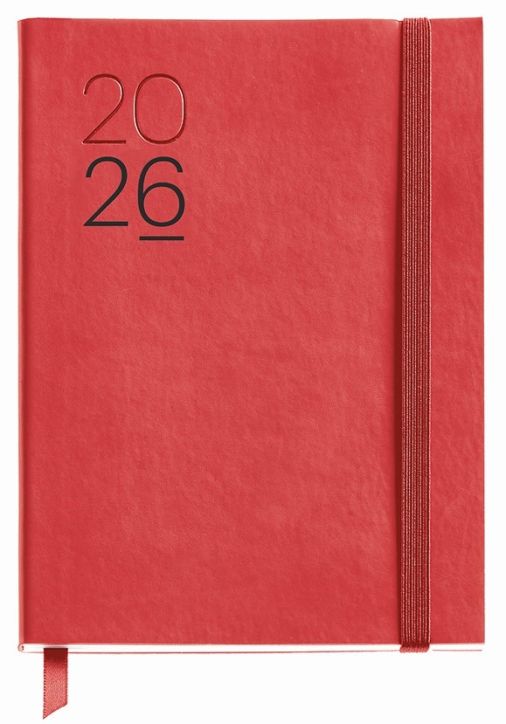 Седмичен тефтер - органайзер Miquelrius Luxor & Ágora Rojo 2026 е бележник с червена твърда корица с надпис "2026" в черно отпред и затваряне с ластик отдясно.-1