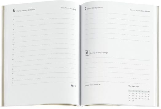 Отворен тефтер-органайзер Miquelrius Luxor & Ágora Rojo 2026, ден на страница, с елегантни кожени корици, почасови линии за бележки и малък месечен календар в ъгъла-идеален за ежедневна организация.-2