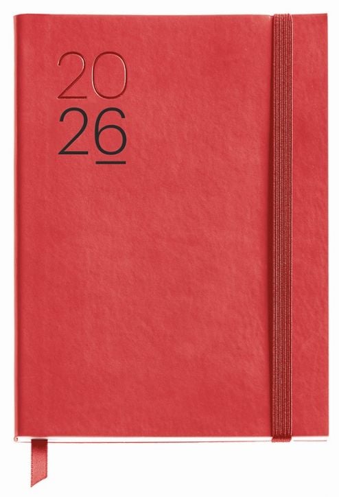 Тефтерът - органайзер Miquelrius Luxor & Ágora Rojo 2026, ден на страница, има червена корица с кожени корици за първокласно усещане, затваряне с ластик отдясно и надпис "2026" в смел черен цвят в горния ляв ъгъл.-1