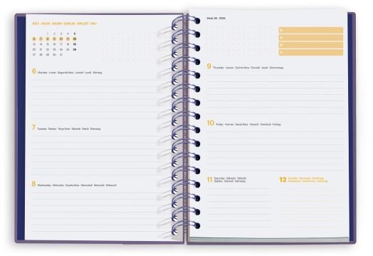 Отворен Седмичен тефтер - органайзер Miquelrius Marf Organic Dualidad Floral 2026 показва седмично разпространение през юли: Вляво е изобразено разпределението за понеделник-сряда, вдясно - четвъртък-неделя, с мини месечен календар и място за бележки.-2