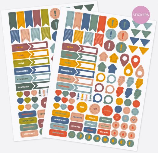 Два цветни листа със стикери за вашия Седмичен тефтер - органайзер Miquelrius Marf Organic Dualidad Floral 2026 включват TO DO, REMEMBER, стрелки, знамена, кръгове, сърца, звезди, възклицателни знаци и значки - организирани в спретнати редове.-8