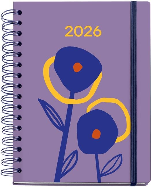 Седмичният тефтер-органайзер Miquelrius Marf Organic Dualidad Floral 2026 е с лилава корица, спирала и ластик, и показва два абстрактни сини цвята с оранжеви сърцевини и жълти акценти.-1