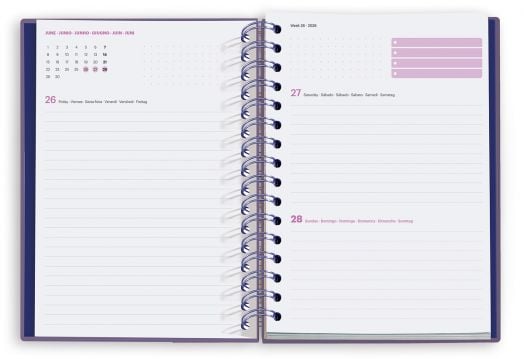 Тефтерът - органайзер Miquelrius Marf Organic Dualidad Floral 2026, ден на страница, показва седмицата си през юни с месечен календар, подредени бележки вляво и място за бележки под 27-28 юни - идеален като бележник органайзер.-2