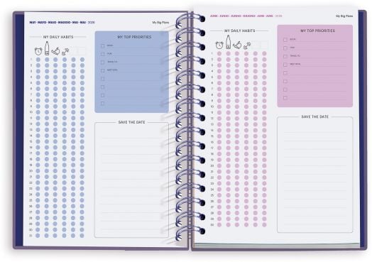 Отворен Тефтер-органайзер Miquelrius Marf Organic Dualidad Floral 2026, ден на страница-две страници с икони за проследяване на навици, Списък приоритети, цветна точкова мрежа и зона "Запазете датата", синя и розова тема.-5