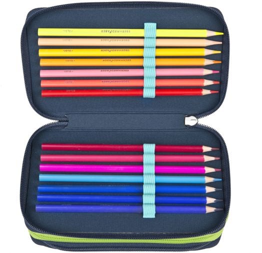 Пълен ученически несесер Scooli Джурасик свят с три, отделения модел 2026 г., съдържащ 12 цветни молива в подредени редове, закрепени с ластици, с ярки нюанси от жълто до тъмносиньо.-4